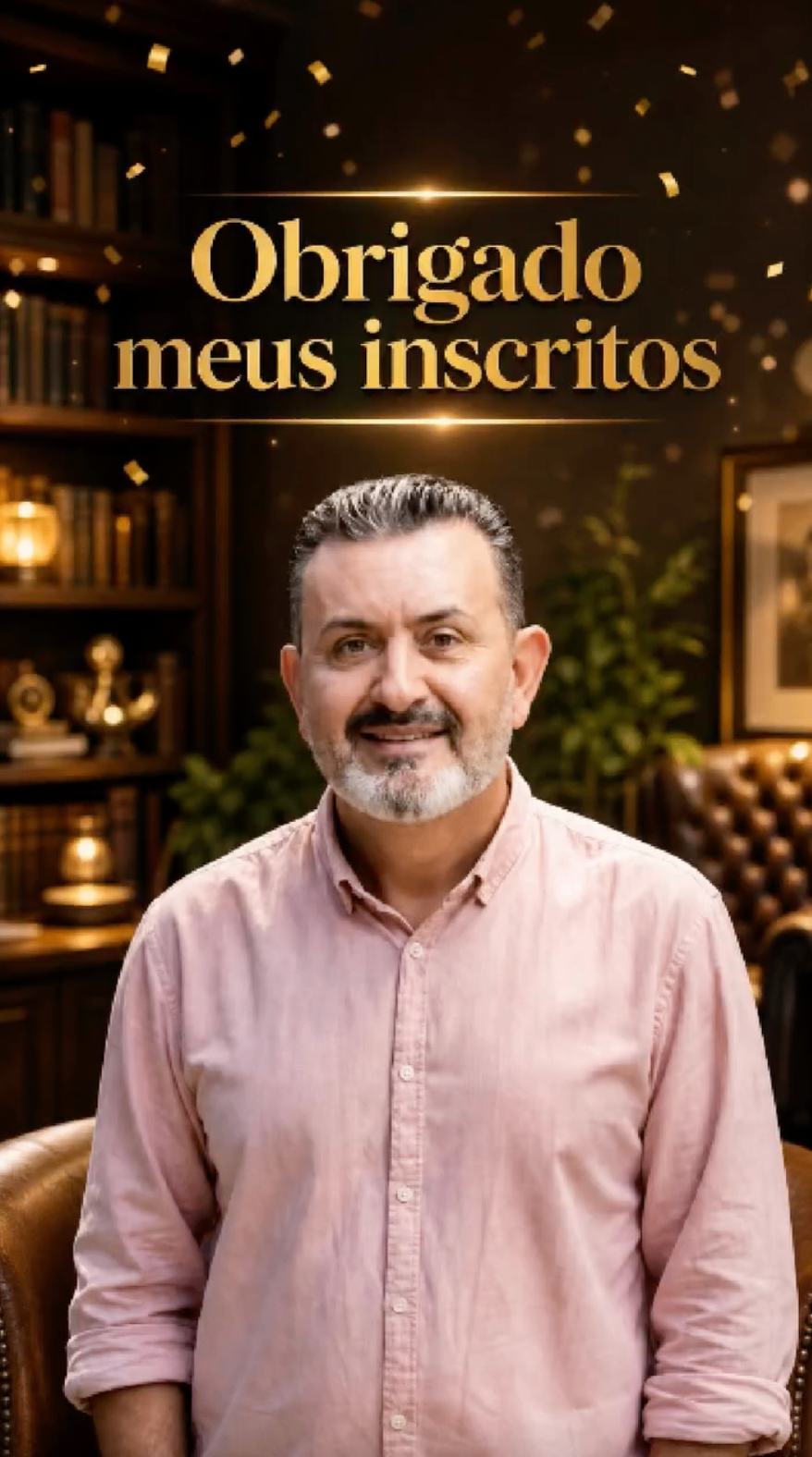 Moreira em ambiente aconchegante com a mensagem 'Obrigado meus inscritos' em dourado