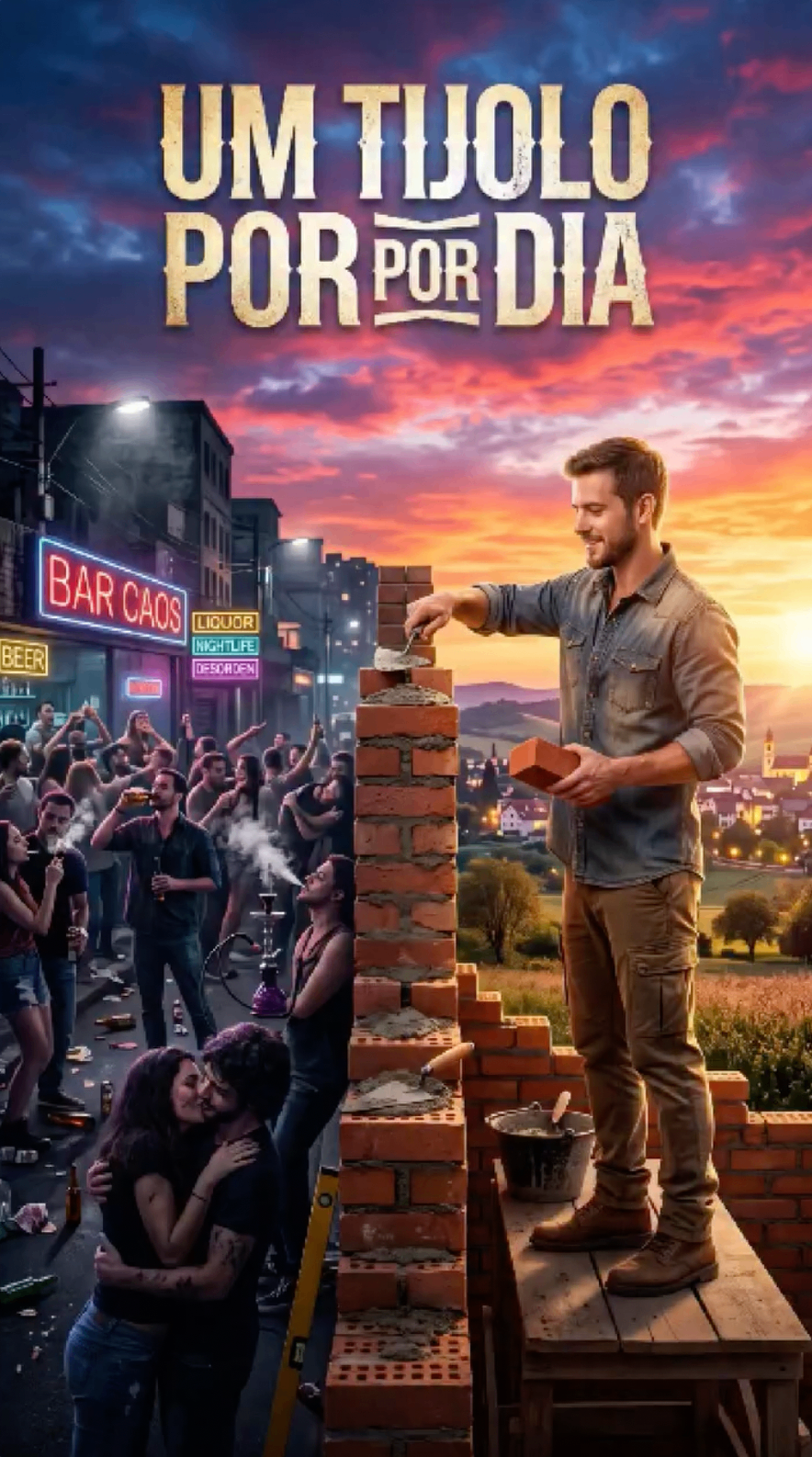 Homem construindo uma parede de tijolos ao pôr do sol — campanha 'Um tijolo por dia'
